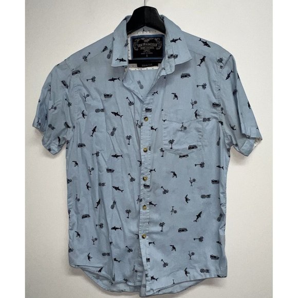San Francisco Work Shirts Button Up Hawaiian Mens S Slim Fit Blue VW Bus Shark - Picture 1 of 6